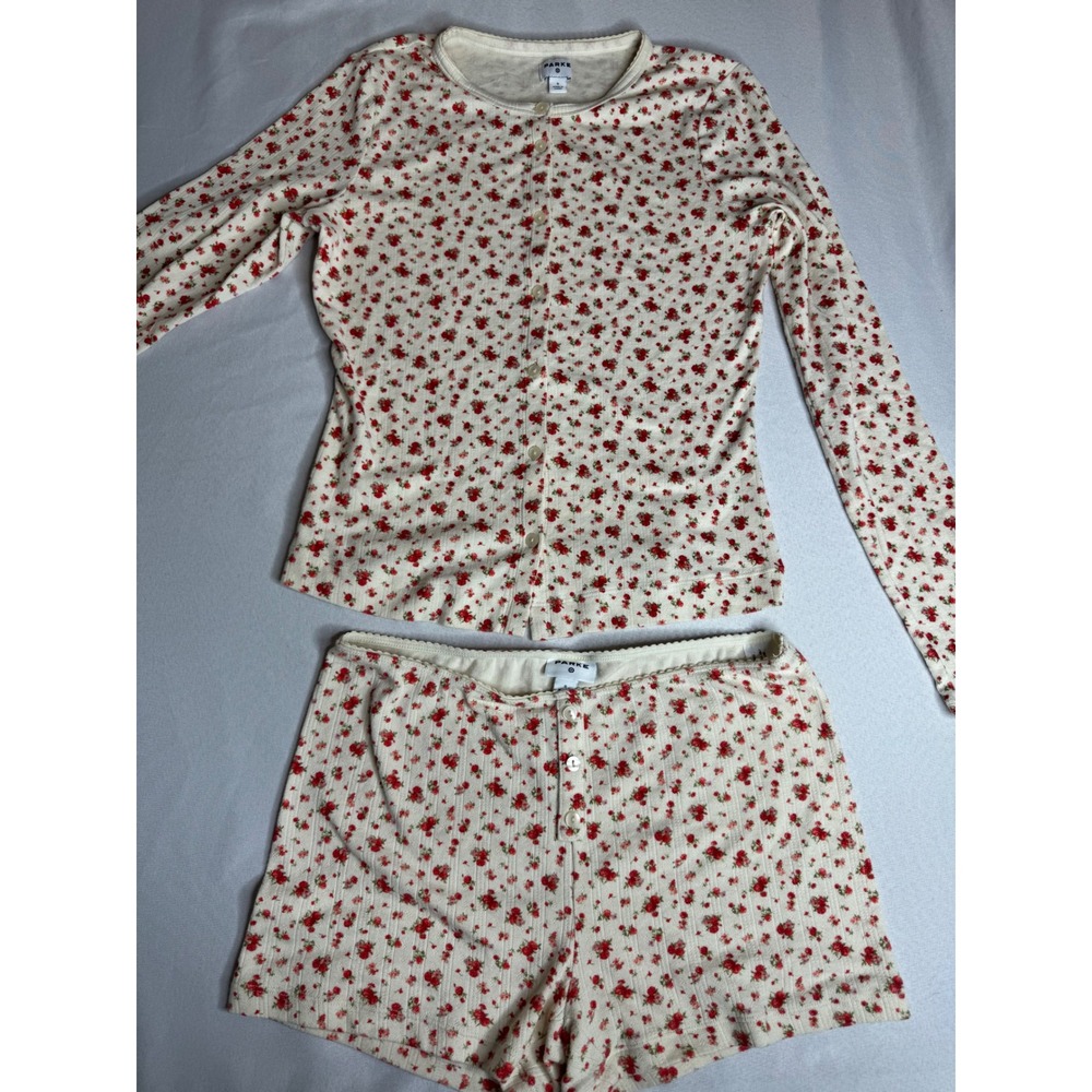 Parke Floral Ribbed Pajama Set Cream Red Rose Cardigan and Shorts Small